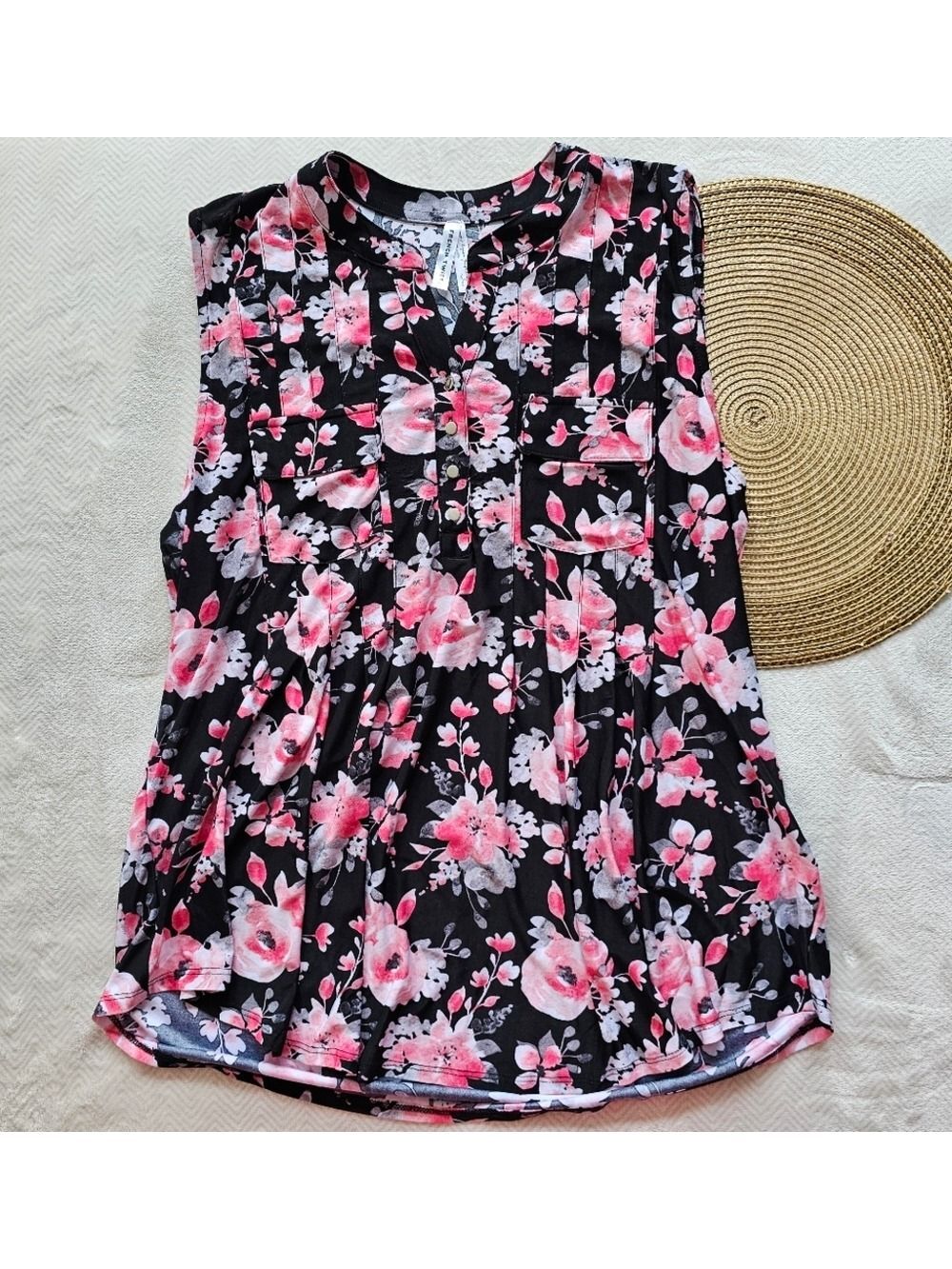 *4 for $25* French Twist Floral Sleeveless Top - Black and Pink
